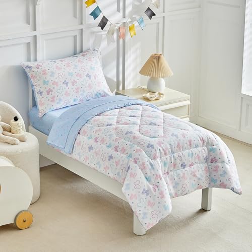 Image of JHXHMX Butterfly Toddler Bedding Set for Girls,4 Pieces Bed-in-a-Bag Toddler Bed Set,Soft Crib Comforter Sheet Set Including Comforter,Fitted Sheet,Flat Sheet and Pillowcase-White