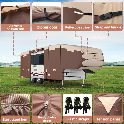 Image of 5th Wheel Cover: 600D Oxford Fabric Two Color Design, Fits 34'-37' RV, Heavy Duty 5th Wheel RV Cover Waterproof Anti-UV, with Gutter Covers & 3 Pcs Windproof Extra Straps