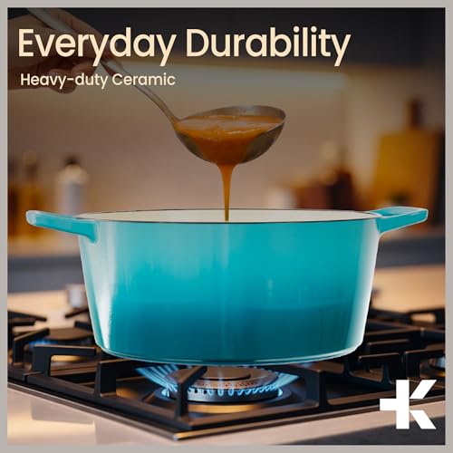 Image of Bakken Enameled Cast Iron Dutch Oven Pot, 6QT Dutch Oven for Bread Baking, Braising & Roasting, Kitchen & Campfire Cooking, Moisture-Locking Lid, Oven Safe Up To 500F, Works on All Cooktops, Teal