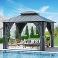 SOLIGEL 10'x12' Hardtop Gazebo, Metal Gazebo with Double Galvanized Steel Roof, Permanent Outdoor Pergola with Curtain and Netting for Patio, Backyard, Deck