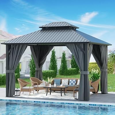 SOLIGEL 10'x12' Hardtop Gazebo, Metal Gazebo with Double Galvanized Steel Roof, Permanent Outdoor Pergola with Curtain and Netting for Patio, Backyard, Deck