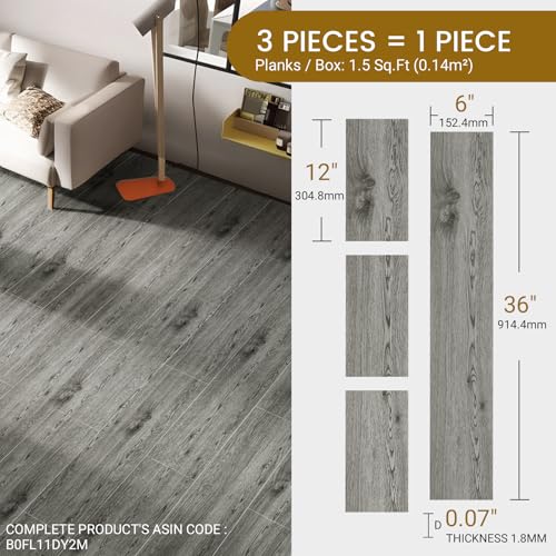 Image of Peel and Stick Vinyl Floor Tile Sample Kit (3-Pack, 12 inchx6 inch) Ash Grey Wood Look,Waterproof, Scratch Resistant for DIY Kitchen, Bathroom, Living Room & RV.