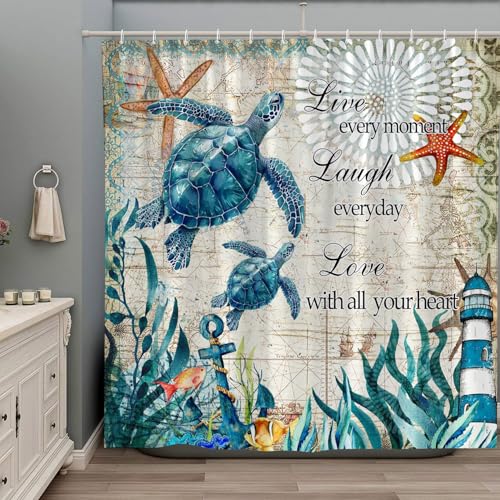 ZZYSKS Sea Turtle Shower Curtain Inspirational Quote Vintage Nautical Map Ocean Beach Theme Coral Reef Turquoise Blue Marine Life Motivational Word Funny Bathroom Set Fabric with Hooks 70Wx70H Inch