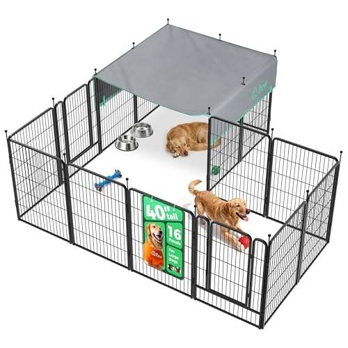 Image of FXW Rollick Unleashed Dog Playpen for Indoor, Yard, RV Camping, 40 inch 16 Panels Dog Pen with Sun Shade for Medium and Large Dogs, Black│Patented