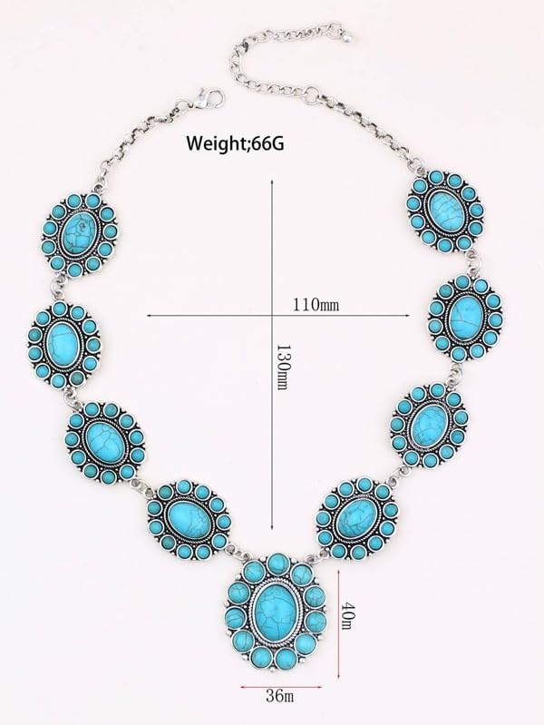 Western Turquoise Flower Choker Necklace for Women Retro Bohemian Chunky Sunflower Natural Stone Pendant Beads Chain Necklaces Ethnic Statement Boho Collar Cowgirls Handmade Jewelry Gifts - Image 2
