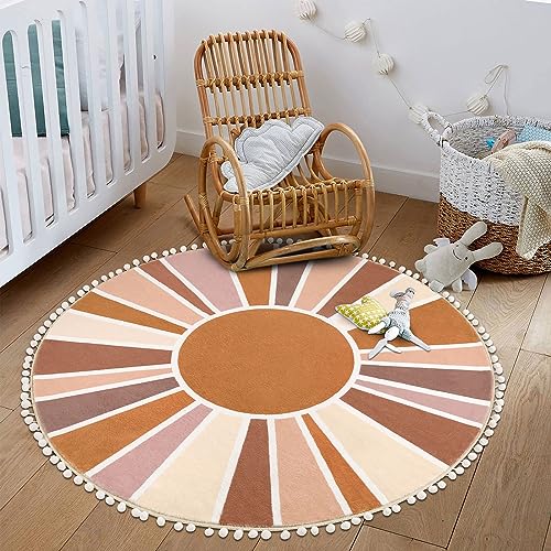 Topotdor Boho Round Area Rug 4Ft Sun Rainbow Nursery Rugs For Kids Room, Washable Ultra Soft Circle Area Rug With Pom Poms thumb #7