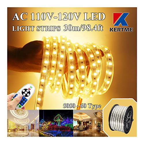 KERTME 5050-60 Type AC 110-120V LED Strip Lights, Flexible/Waterproof/Dimmable/Multi-Modes LED Rope Light + 23 Keys Remote for Home/Garden/Building Decoration (98.4ft/30m, Warm White 3500K)