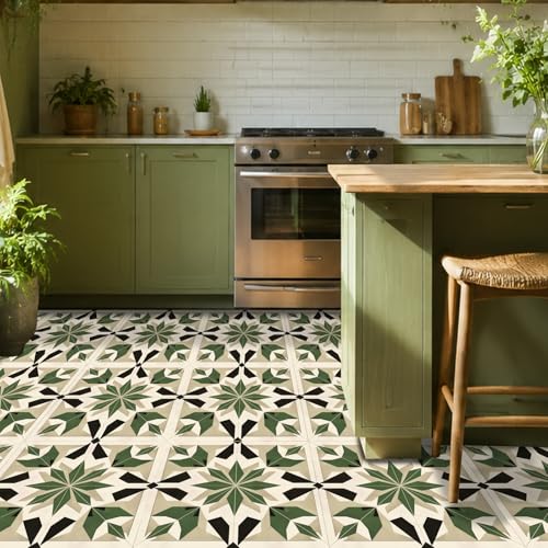 Image of Nuxovilar Peel and Stick Vinyl Floor Tiles, 12x12 Inch | Retro Dark Green Starburst Geometric Pattern, Self-Adhesive Flooring (10 Pcs)
