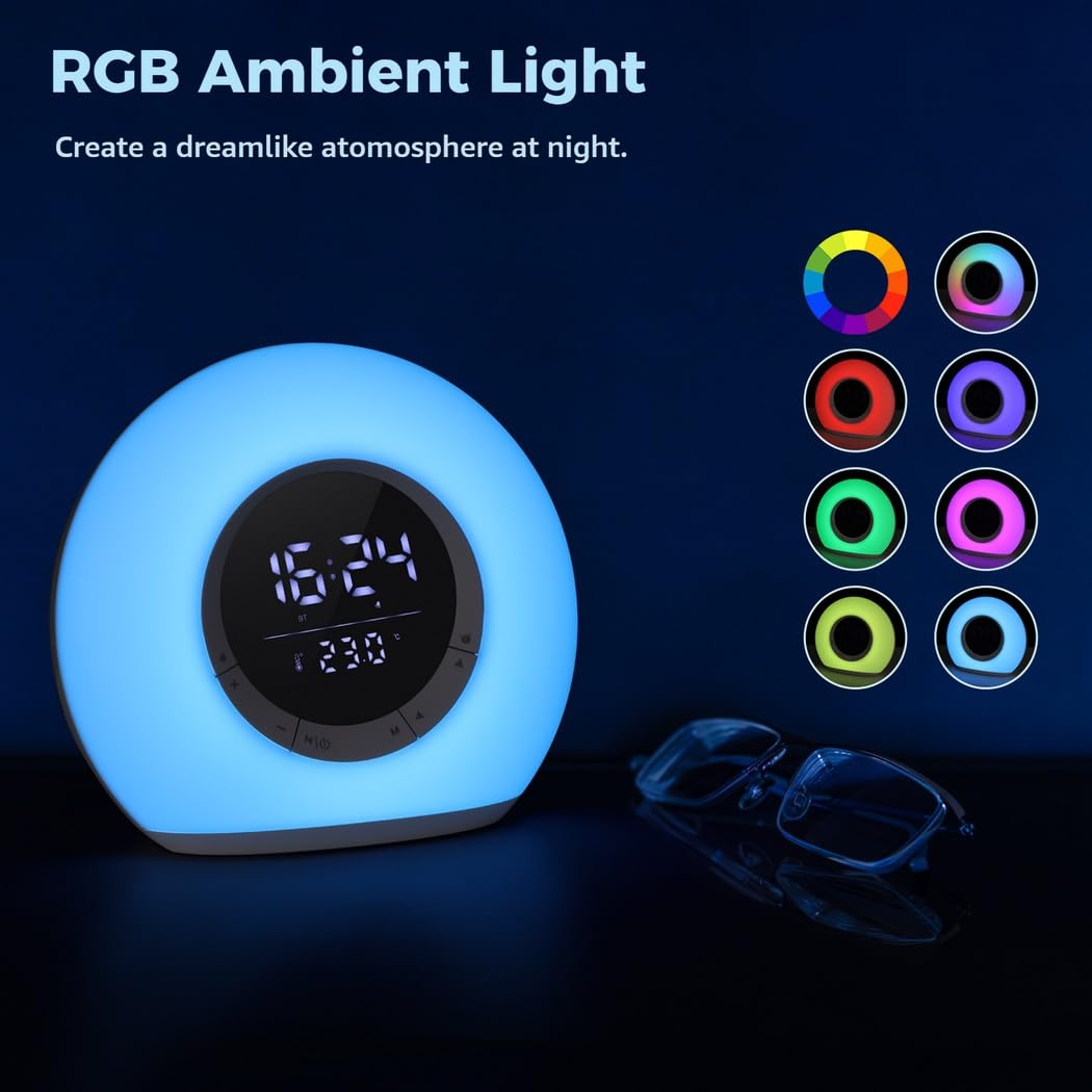 Reloj despertador para niños, con luces RGB, brillo ajustable, altavoz, pantalla LED