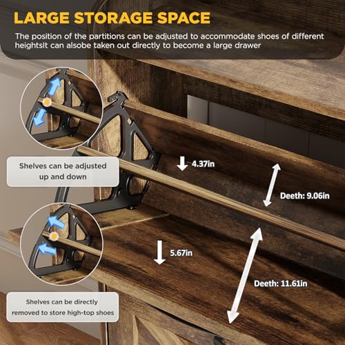 Image of Maupvit Large Shoe Storage Cabinet with 4 Flip Drawers, Narrow Shoe Cabinet for Entryway with Wooden Legs, Freestanding Hidden Shoe Rack Organizer & Metal Hinges, Rustic Brown