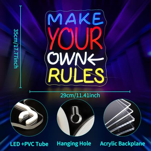Image of Make Your Own Rules Neon Sign, JGHTURIE Neon Signs for Wall Decor White Light Up Sign Game Room Office Bar Party Led Sign Decor, USB Powered
