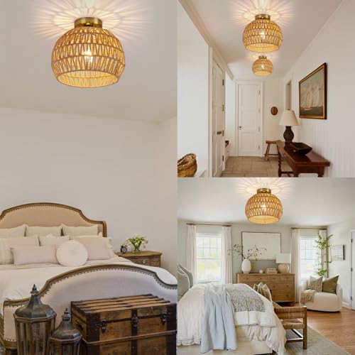 Rattan Ceiling Light fixture, 11.8" Boho light fixtures ceiling,Rattan Semi Flush Mount Ceiling Lights, Hand-Woven Natural Wicker Bohemian Light Fixture for Hallway,Entryway,Balcon,Laundry Room,brown by Ovyiech - Used condition - Image 9