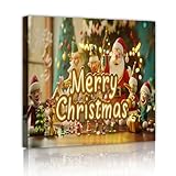 メリークリスマスキャンバスウォールアートサンタクロースとエルフクッキークリスマスサインアートワークプリント冬のお祝い休日リビングルームの家の装飾70x70cmインナーフレーム
