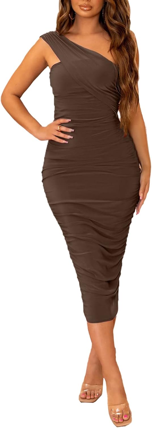 Halfword Sexy One Shoulder Midi Dress for Women Ruched Bodycon Drawstring Night Party Club Cocktail Dresses