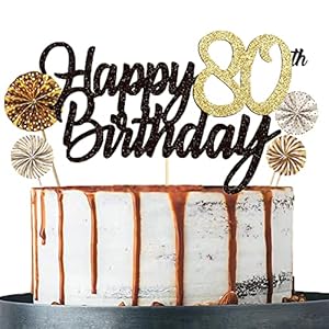 Tortendeko 80 Schwarzes Gold set Doppelseitiges Glitzerpapier Happy Birthday Cake Topper für Geburtstag Deko 80