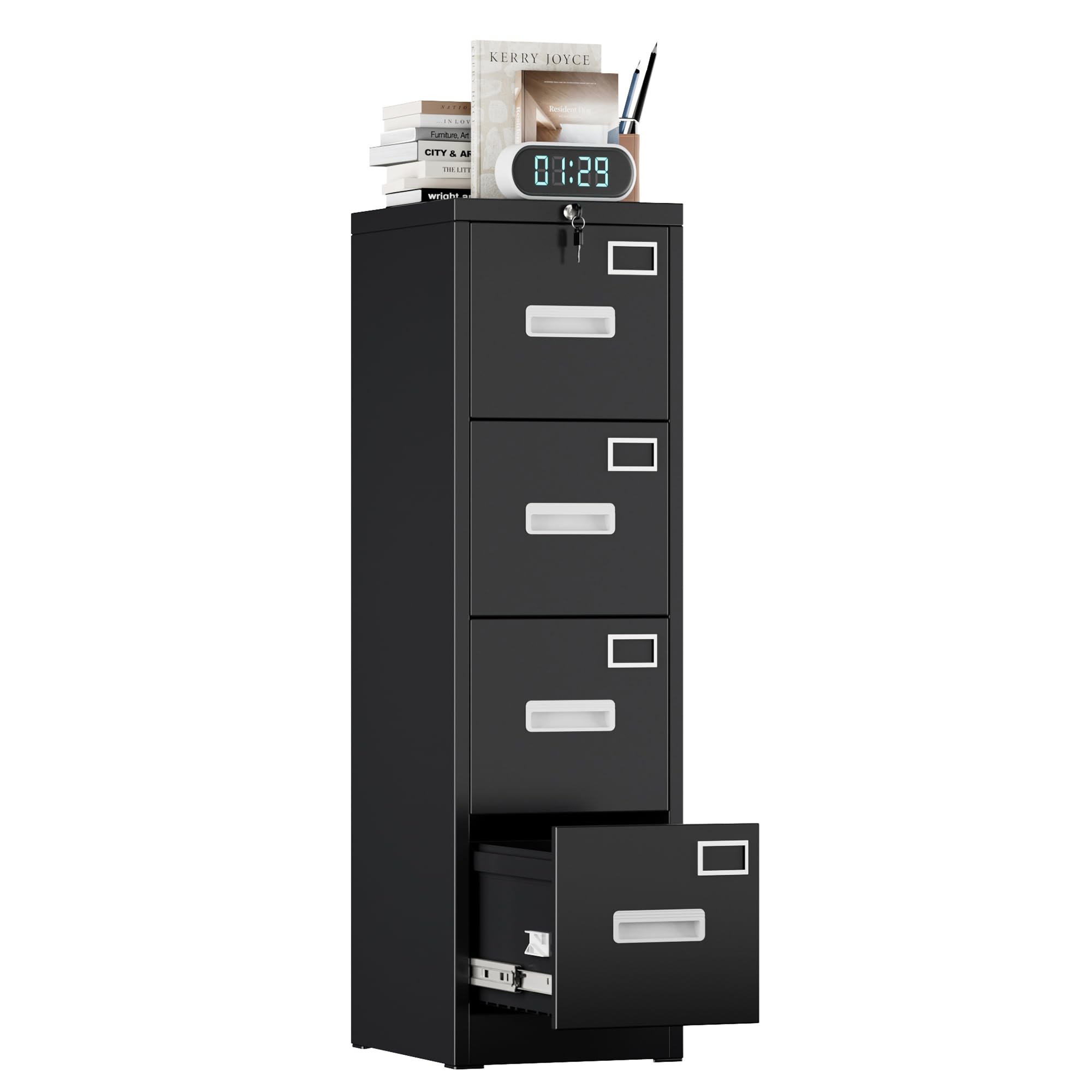 FlairVibe 4 Drawers Filing Cabinets Metal, Lockable Vertical File Cabinet for A4 Size, Anti-tipping File Drawer Storage Cabinets with Cue Card Slot for Home Office,Black