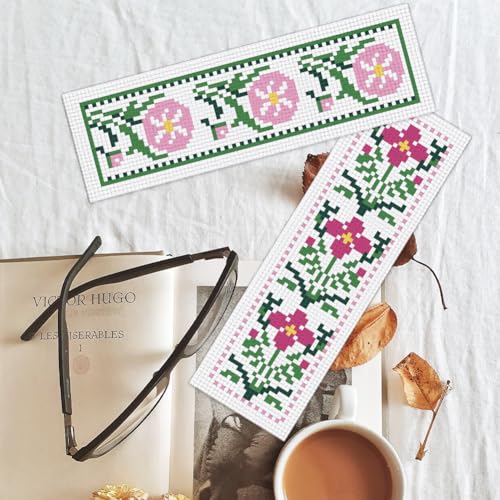 Image of BEUNITONE Cross Stitch Bookmark Kit 6 Pcs Flower DIY Bookmarks Cross Stitch Kits for Adults Beginners with Instructions Cute Pre-Sorted Floss Cross-Stitch Stamped Embroidery Kit for Gifts 8''x2.4''