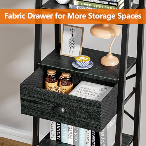 Image of Furologee 5 Tier Bookshelf, Ladder Shelf with Drawer, Tall and Narrow Bookcase, Storage Shelves Organizer,Industrial Display Standing Units for Bathroom,Kitchen,Bedroom,Living Room,Black Oak