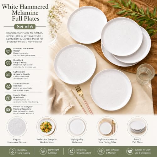 Image of MARKET 99 White Hammered Melamine Full Plates Set of 6 | Round Dinner Plates for Kitchen, Dining Table & Serveware Use | Lightweight & Durable Plates for Everyday Meals & Home Decor
