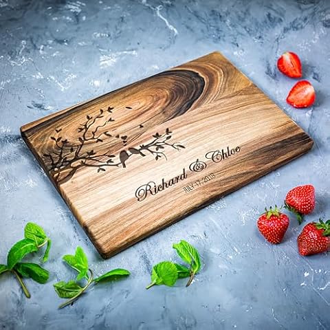 Personalized Walnut Wood Cutting Board – Custom Lovebirds Engraving with Couple's Names – 8x12 Inches – Gift for Wedding, Anniversary, Christmas, Housewarming – Great for Parents and Friends Cover