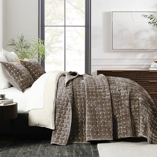 Image of Grassix Velvet Quilt Set King Size, Luxury Geometric Design, Mocha Brown