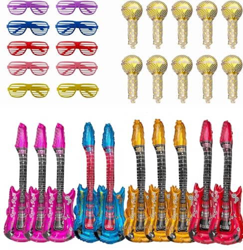 30PCS Inflatable Party Props,Inflatable Guitar+Inflatable Microphone+Colored Glasses,Decorative Accessories,Photo Booth Props,Musical Instrument Ballons,Inflatable Toys for Carnival Birthday Party