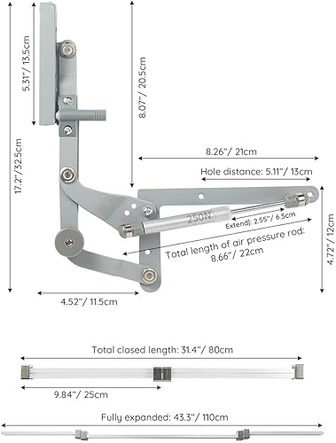 Miniatura 10 de Howhy Juego de bisagras de puerta de gabinete, bisagras de mecanismo de cocina con brazo neumático de elevación vertical con cierre lento,