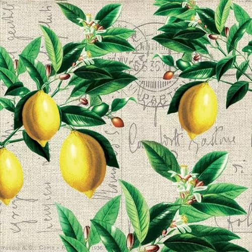 Set of 2 Individual Decoupage Paper Party Napkin Lemon Branches Script Watercolor Decor Luncheon Napkins for a Birthday Holiday, Wedding, Cocktail Party