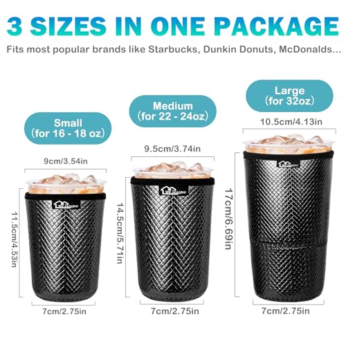 Image of WKIEASON Reusable Iced Coffee Sleeves 16-32OZ PU Leather Neoprene Coffee Cup Sleeves Insulator Cover for Cold Drinks Beverages, Starbucks, McDonalds, Dunkin Donuts and More(Black Set)