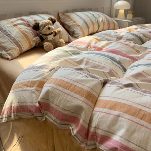 Image of mixinni Vintage Striped Duvet Cover Set Full, 3-Piece 100% Washed Cotton Bedding Set - Soft & Breathable Colorful Comforter Cover with Zipper, All-Season Lightweight Bed Set for Cozy Home