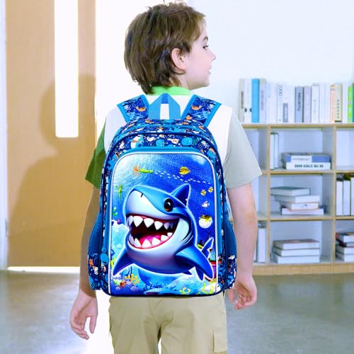 Image of 16 inch Shark Backpack for Boy, 3Pcs School Backpacks with Lunch Box, Kids Bookbag for Elementary Preschool Kindergarten(Blue)