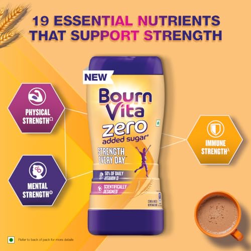 Image of Bournvita Zero Added Sugar Nutrition Drink, 500g Jar | No Added Sugar, No Added Preservatives | 19 Essential Nutrients for Strength (Pack of 2)