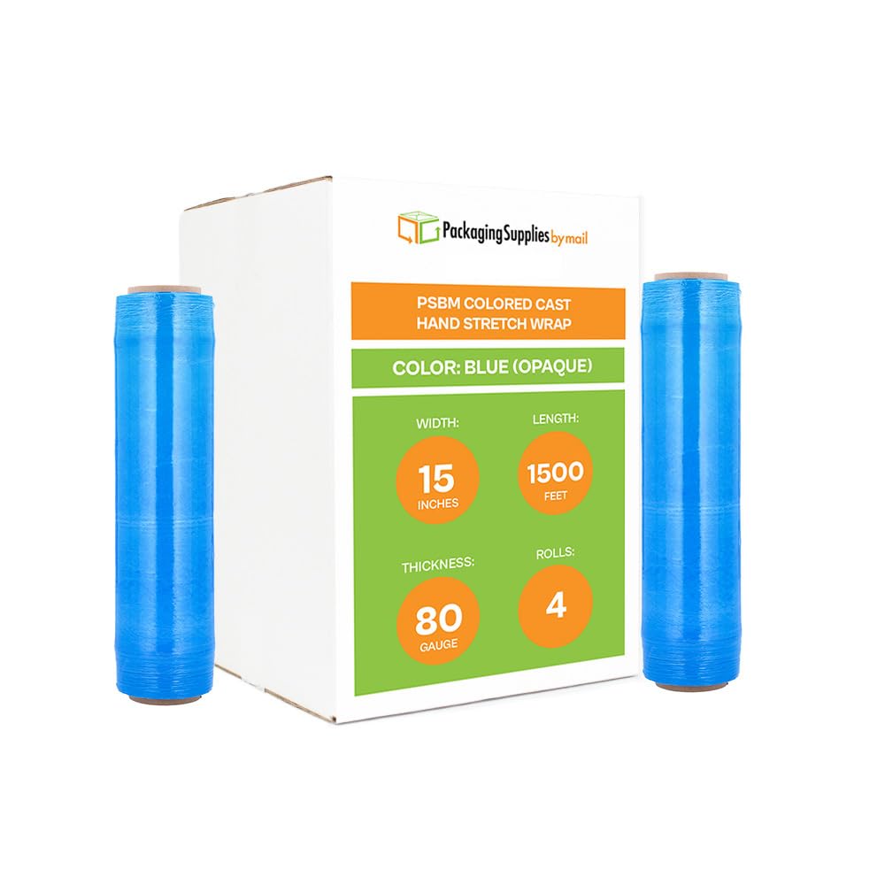 PSBM 4 Rolls Dark Blue 15 Inch x 1500 Feet 80 Gauge Stretch Film/Wrap, Industrial Strength Shrink/Plastic Wrap for Moving, Packing, Shipping, Pallet