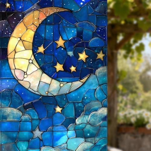 Nuxovilar Stained Glass Star-Moon Film, 17.7×39.4inch Golden Moon, Stars & Blue Clouds Pattern, PVC Static Cling for Dreamy Bedroom Decor (Frosted)