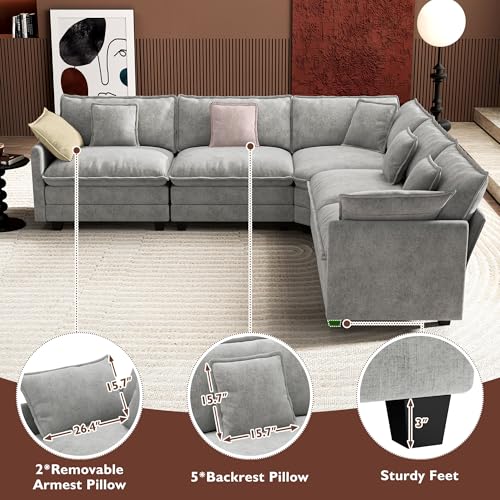 Image of Ihanherry 114 inch V-Shaped Modern Sofa Modular Sectional Cloud Couch with Corner Section, 5-Seat Chenille Deep Seat Sofa with 5 Pillows for Living Room, Bedroom and Apartment, Grey