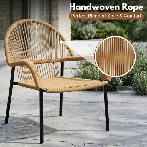 Image of DEVOKO Outdoor 3 Piece Beige Rope Patio Balcony Conversation Set for All Weather Comfort Breathable & Weather Resistant Metal Frame for Garden, Pool, Porch, Deck