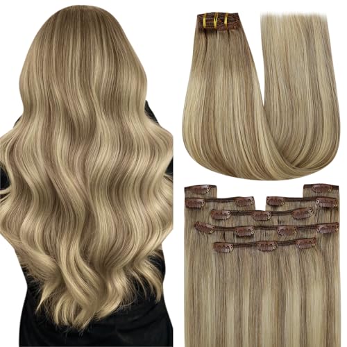 Image of YoungSee Ombre Clip in Hair Extensions 120g Light Brown Balayage Platinum Blonde Real Hair Extensions Clip in Human Hair, Instant Hair Volume for Parties, Clip on Hair Extension for Women 14 Inch 7Pcs