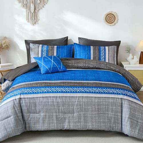 Image of Dintszyayue Blue Queen Comforter Size Set, 8 Pieces Boho Striped Texture Bed in a Bag Sets, Lightweight Soft Bohemian Comforter and Sheet Set, All Season Microfiber Bedding Sets for Men Women