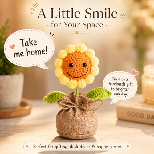 Image of Handmade Crochet Sunflower in Jute Bag 16 cm, Mini Artificial Crochet Flower Pot with Smiley Face, Cute Desk Decor for Home, Office Table, Shelf, Birthday, Friendship & Thank You Gift