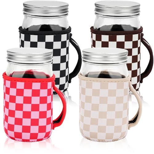 KJQJLY 4 Pcs Mason Jars Sleeves Neoprene 32oz Regular and Wide Mouth Mason Jar Sleeves Holder with Handle (Checkered 32 OZ)