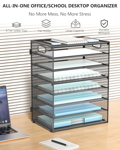 Image of WALI Desk File Organizer, 8 Tier Desktop Paper Letter Tray Organizer with Handle, Office Desk Accessories & Workspace Organizers for Office, Home, School Supplies, 1 Pack, Black