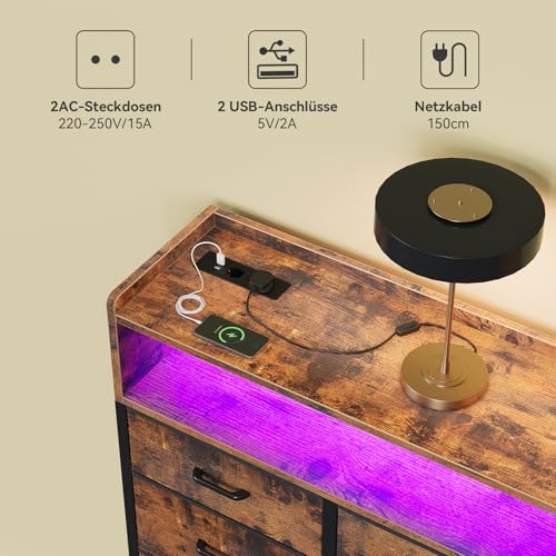 ODK Komoda z szufladami, szafka z 2 gniazdkami, 2 USB i 10 kolorowymi paskami LED, komoda z półką i blatem roboczym z 9 materiałowymi szufladami do sypialni i salonu, 130 * 30 * 97 cm