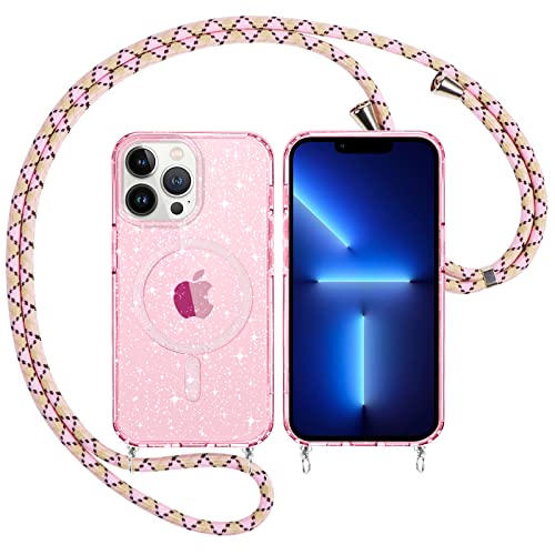Trasparente Glitter Cover Magnetica con Cordino per Apple iPhone 13 Pro 6.1 Custodia Bling Brilla Tracolla Compatibile con MagSafe Magnetico Ricarica Case per iPhone13 Pro wireless rosa