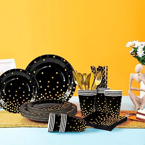 Black Gold Party Tableware,Serves 24 Black and Gold Dot Paper Party Tableware Set - Paper Plates and Cups Napkins Tablecloth etc - Image 2