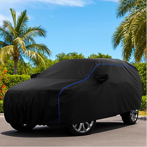 Image of Sulfar 100% Water Resistant Car Body Cover Compatible with Mirror for Maruti Suzuki Ertiga (Triple Stitched, Full Bottom Elastic, Black Tafetta with Blue Piping)