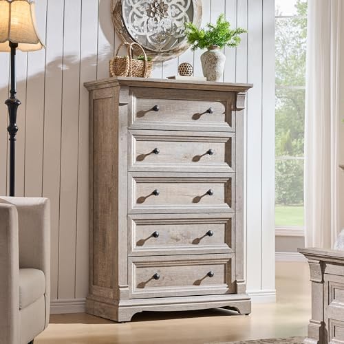 T4TREAM Farmhouse 5 Drawers Dresser for Bedroom, 47" Tall Wood Ru...