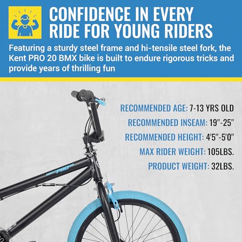 Kent International Kent PRO 20-20 Inch BMX Bike with Front & Rear Hand Brakes and Padded BMX Saddle - Sturdy Bicycle for Kids with Adjustable Handlebar - Black/Turq - Thumbnail 6