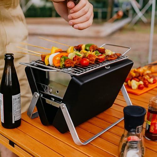 Image of Portable Barbeque Camping Grill &BBQ Utensils, Foldable Stainless Steel Charcoal Grill, Small Outdoor Travel BBQ, Compact Picnic Barbecue Cooking Grill for Camping (Black (Medium))