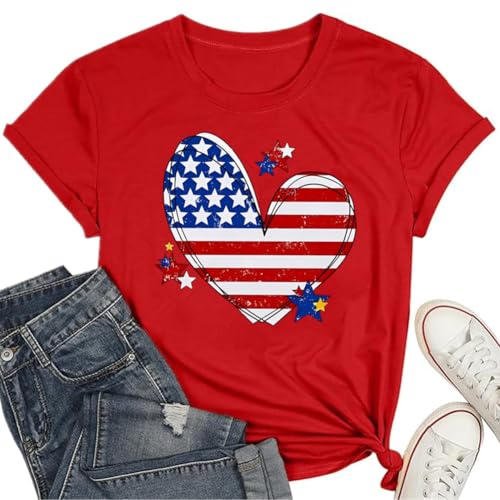 4th of July Shirts Women American Flag Patriotic T-Shirts USA Star Stripes Graphic Tee Tops(Red,S)