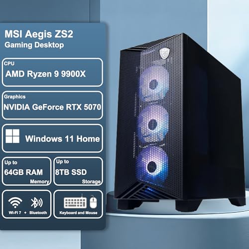 Image of msi Aegis ZS2 Gaming Desktop AMD 12-core Zen 5 Ryzen 9 9900X (Beats i9-14900HX) 32GB RAM 2TB SSD GeForce RTX 5070 DLSS 4 360mm Liquid Cooler 750W 80+ Gold PSU Support HDD Win11 w /ICP Hub